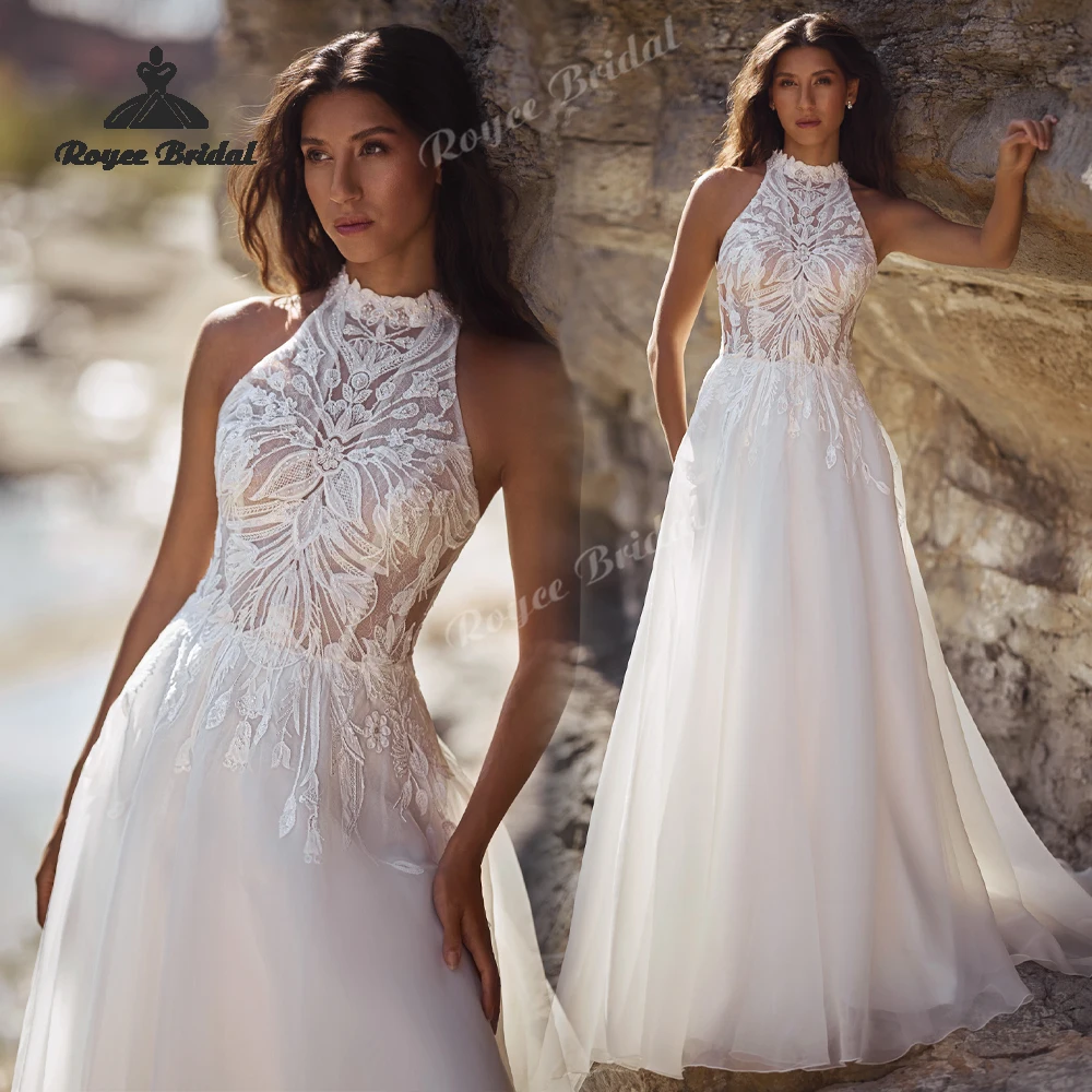 Elegant Halter Pearls Simple A Line Wedding Dresses 2027 Appliqué Flowers Lace Bridal Gown Customized Vestido De Novia