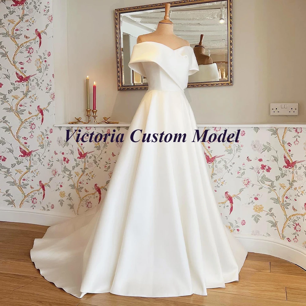 VIKTORIA Elegant Satin Wedding Dress For Woman Off Shoulder Buttons 2025 Bride A-LINE Pleat Vestido De Casamento Customized