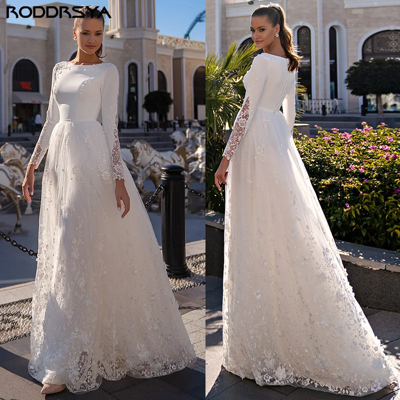 RODDRSYA O-Neck Lace Long Sleeve Wedding Dresses Button Back Satin And Tulle Bridal Gown With Appliques Civil Vestidos De Novia
