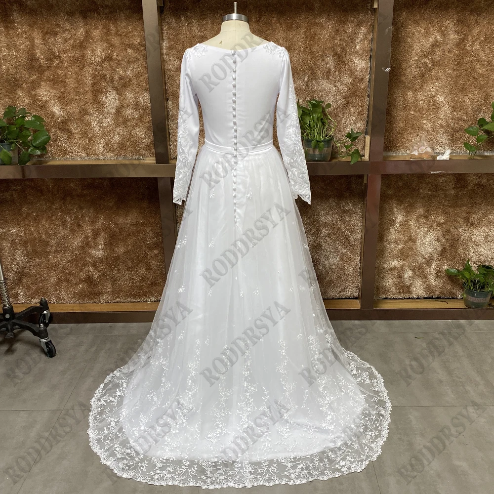 RODDRSYA O-Neck Lace Long Sleeve Wedding Dresses Button Back Satin And Tulle Bridal Gown With Appliques Civil Vestidos De Novia