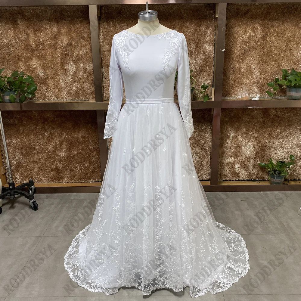 RODDRSYA O-Neck Lace Long Sleeve Wedding Dresses Button Back Satin And Tulle Bridal Gown With Appliques Civil Vestidos De Novia
