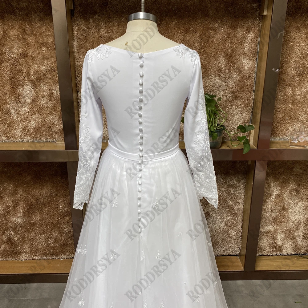 RODDRSYA O-Neck Lace Long Sleeve Wedding Dresses Button Back Satin And Tulle Bridal Gown With Appliques Civil Vestidos De Novia