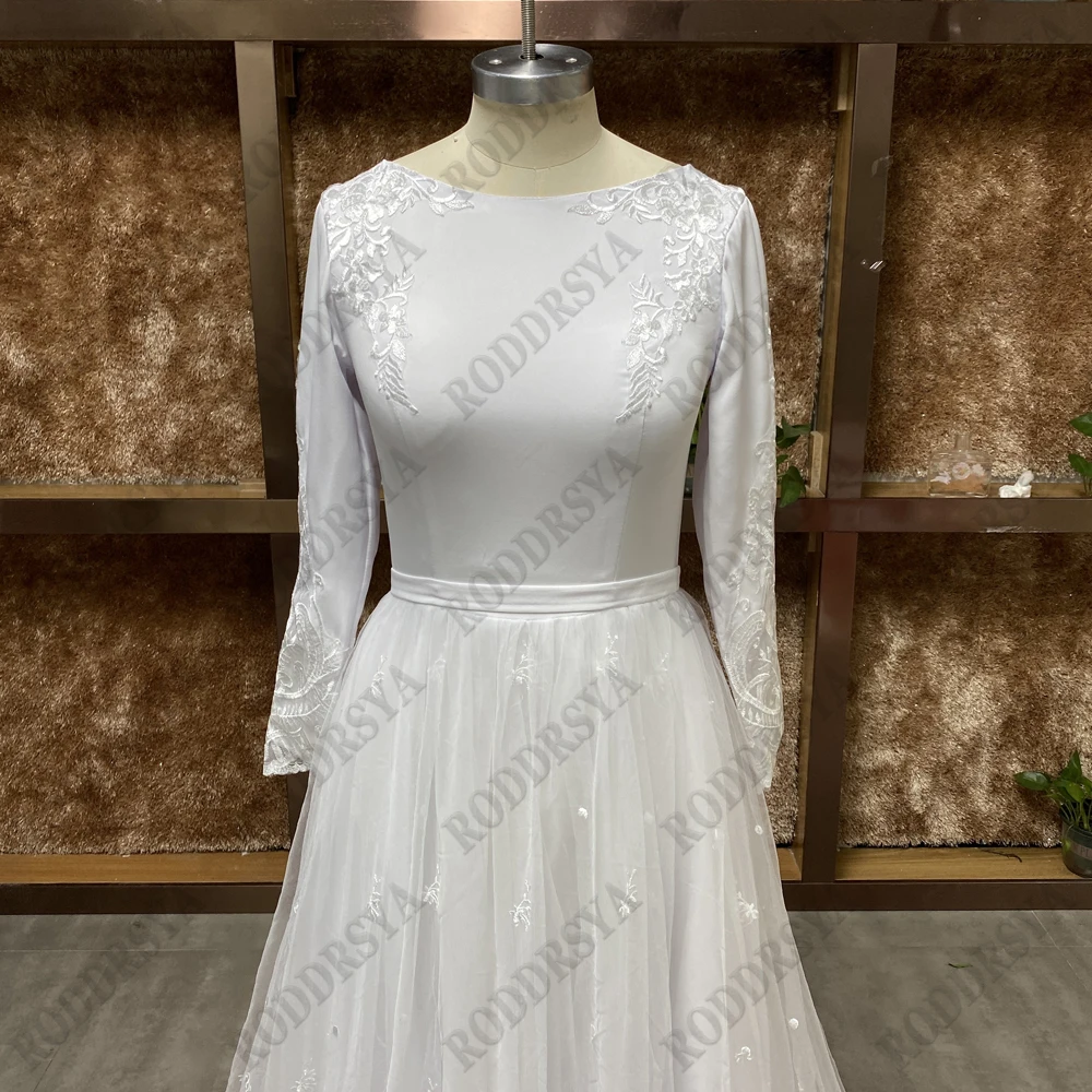RODDRSYA O-Neck Lace Long Sleeve Wedding Dresses Button Back Satin And Tulle Bridal Gown With Appliques Civil Vestidos De Novia