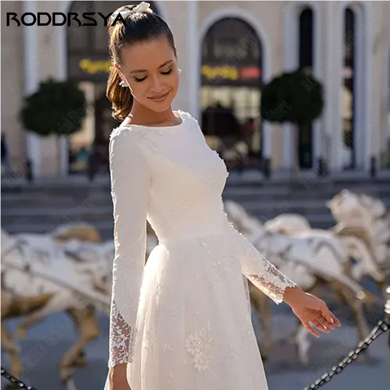 RODDRSYA O-Neck Lace Long Sleeve Wedding Dresses Button Back Satin And Tulle Bridal Gown With Appliques Civil Vestidos De Novia