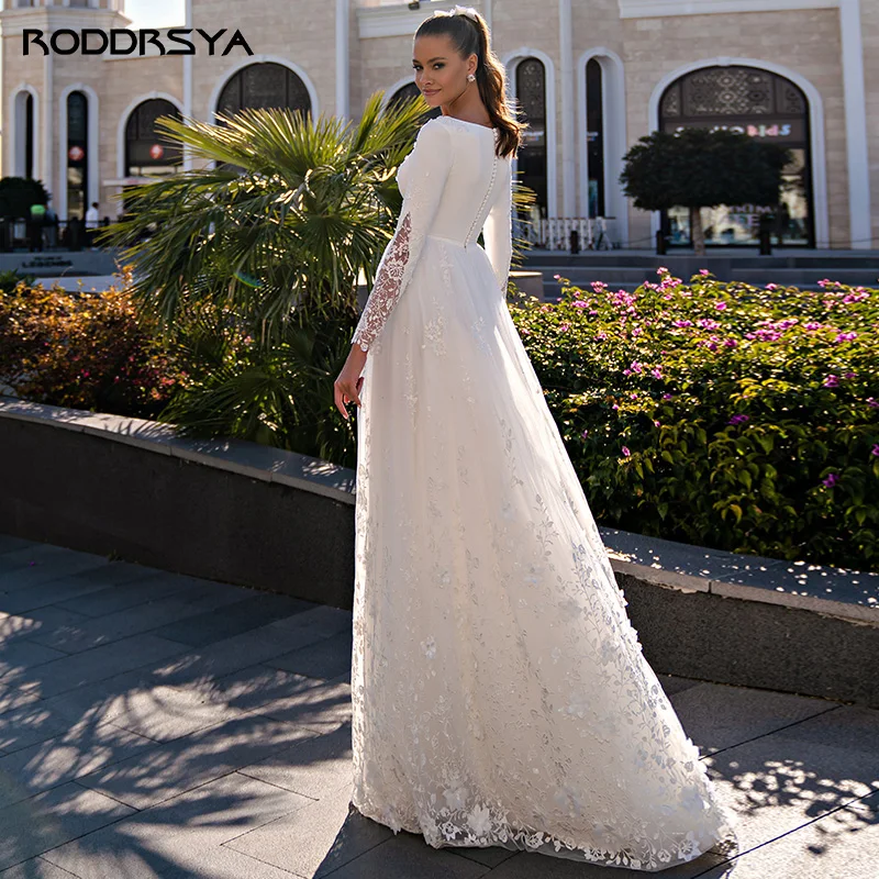 RODDRSYA O-Neck Lace Long Sleeve Wedding Dresses Button Back Satin And Tulle Bridal Gown With Appliques Civil Vestidos De Novia