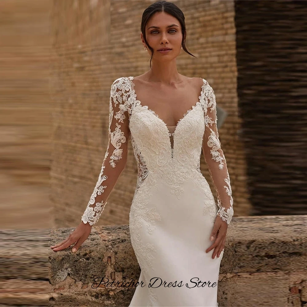 Sexy Sweetheart Long Sleeves Wedding Dress Customized Dreamy Appliques Tulle Bridal Gowns Modern Mermaid Jersey Vestido De Novia