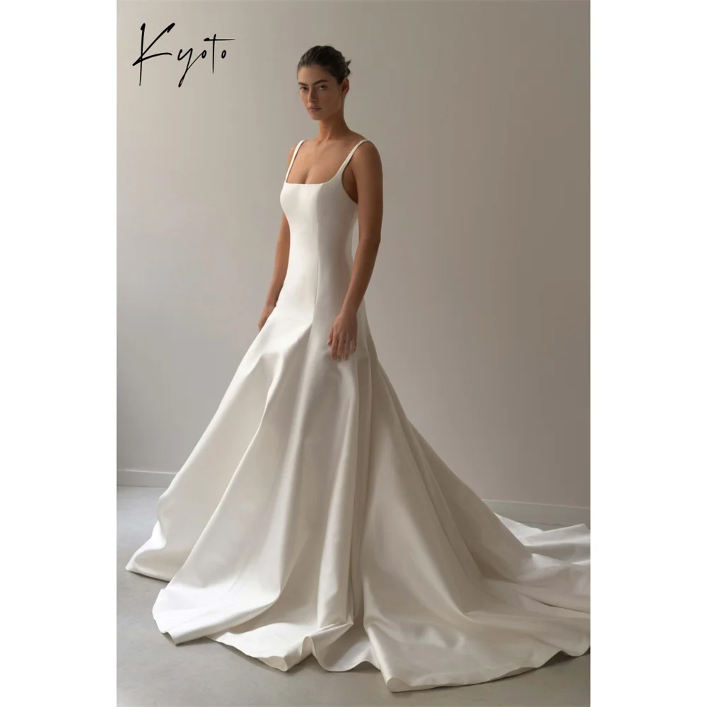 Kyoto Customized White Simple Satin Princess A-line Wedding Dress Square Collar vestidos de noche Court Train robe de mariée