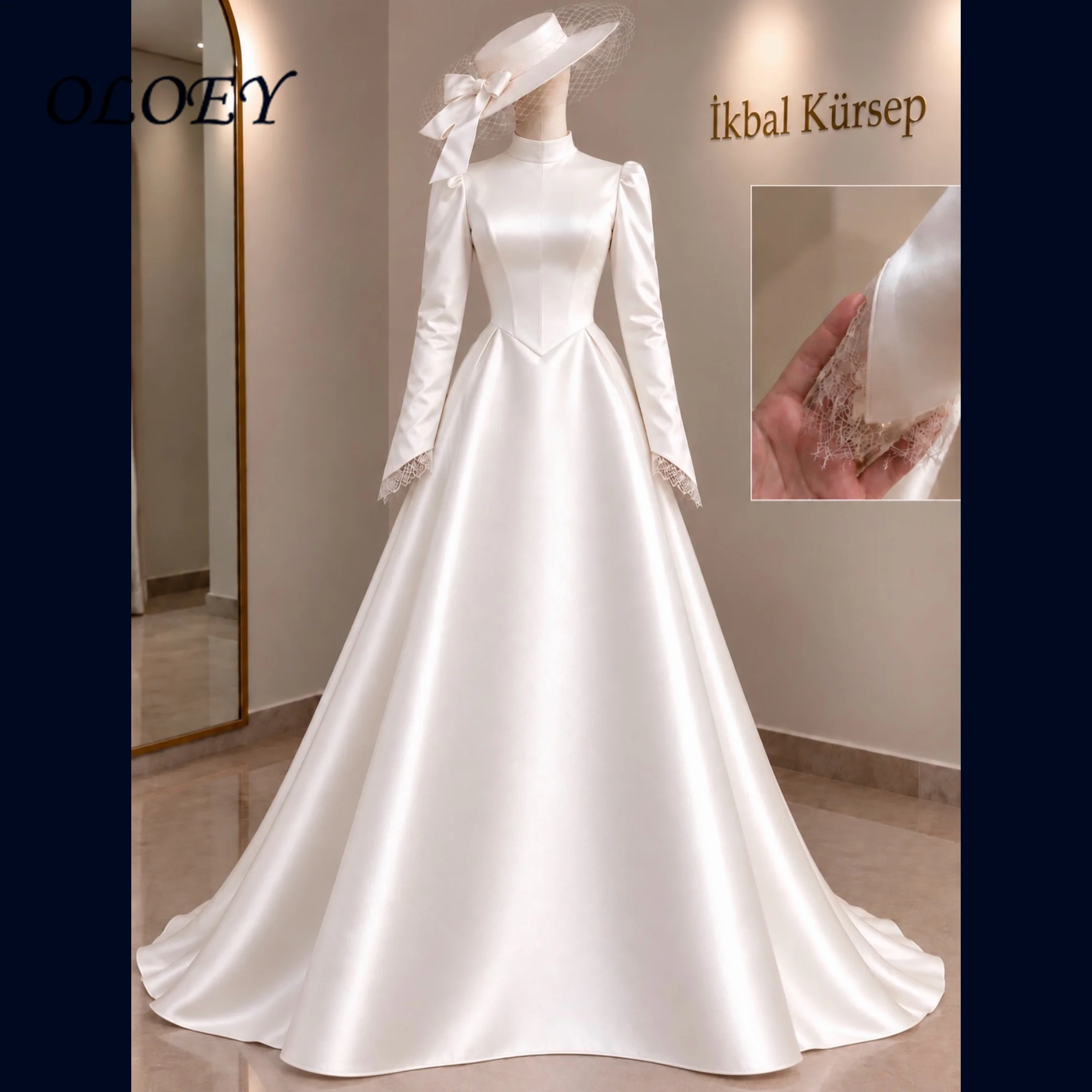 Oloey Customized 2027 Elegant White Satin High Neck Muslim Wedding Dress Long Sleeves Basqued Waist Bridal Gown Vestidos De Novi