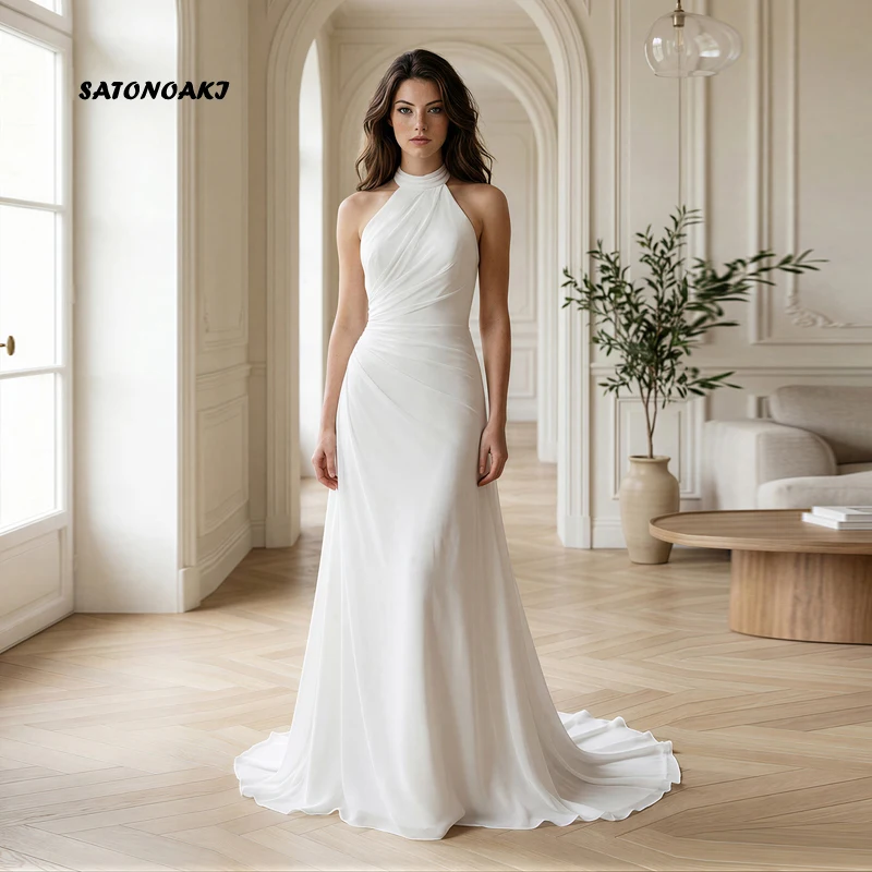 Customized Elegant Halter Mermaid Ivory Chiffon Pleat Wedding Dress for Women Sweep Train Backless Bride Gown Vestidos De Novia
