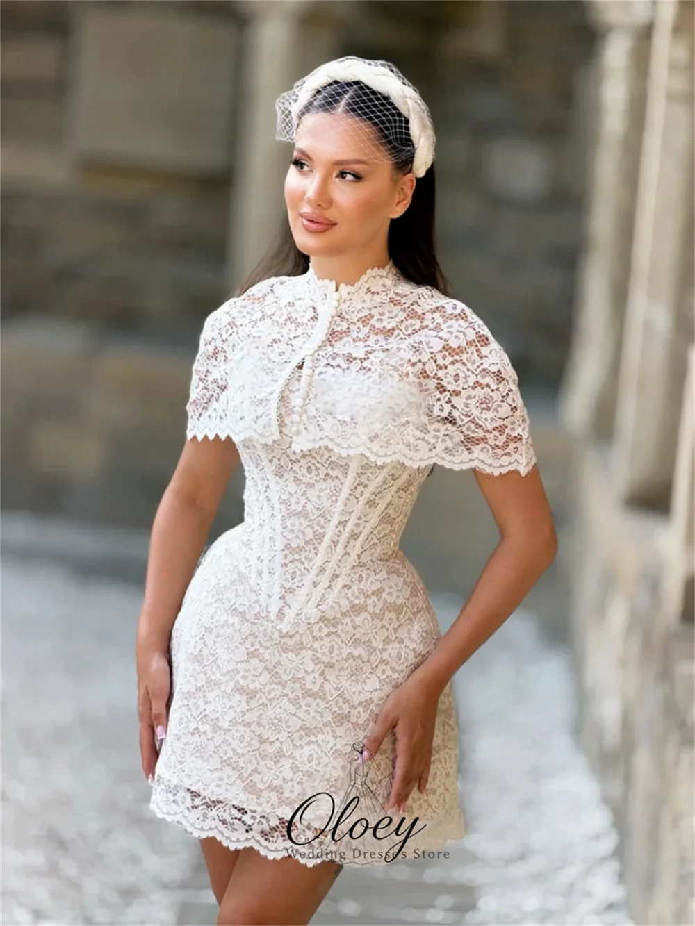 OLOEY Modern Lace High Neck A-Line Wedding Dresses For Woman Cape Sleeve Mini Bridal Gown Wedding Party Dress Customized
