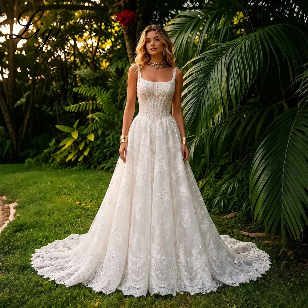 LIGI Square Neck Wide Strap A Line Wedding Dress Customized Floral Lace Beaded Applique Sweep Train Bridal Gown Garden Wedding