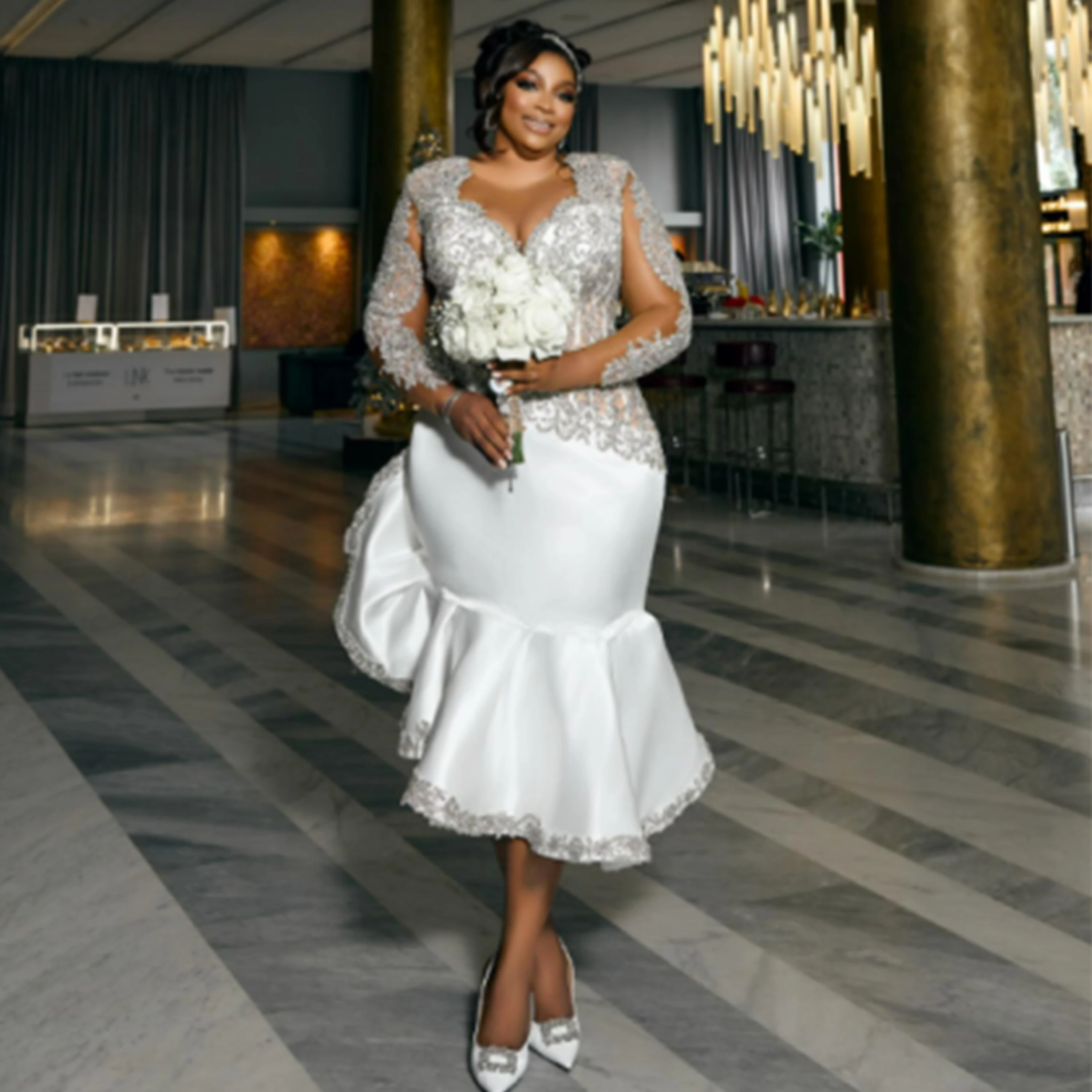 African Plus Size Wedding Dresses Long Sleeves Lace Tea Length Mermaid V-Neck Civil Bridal Gown Vestidos De Novia Customized
