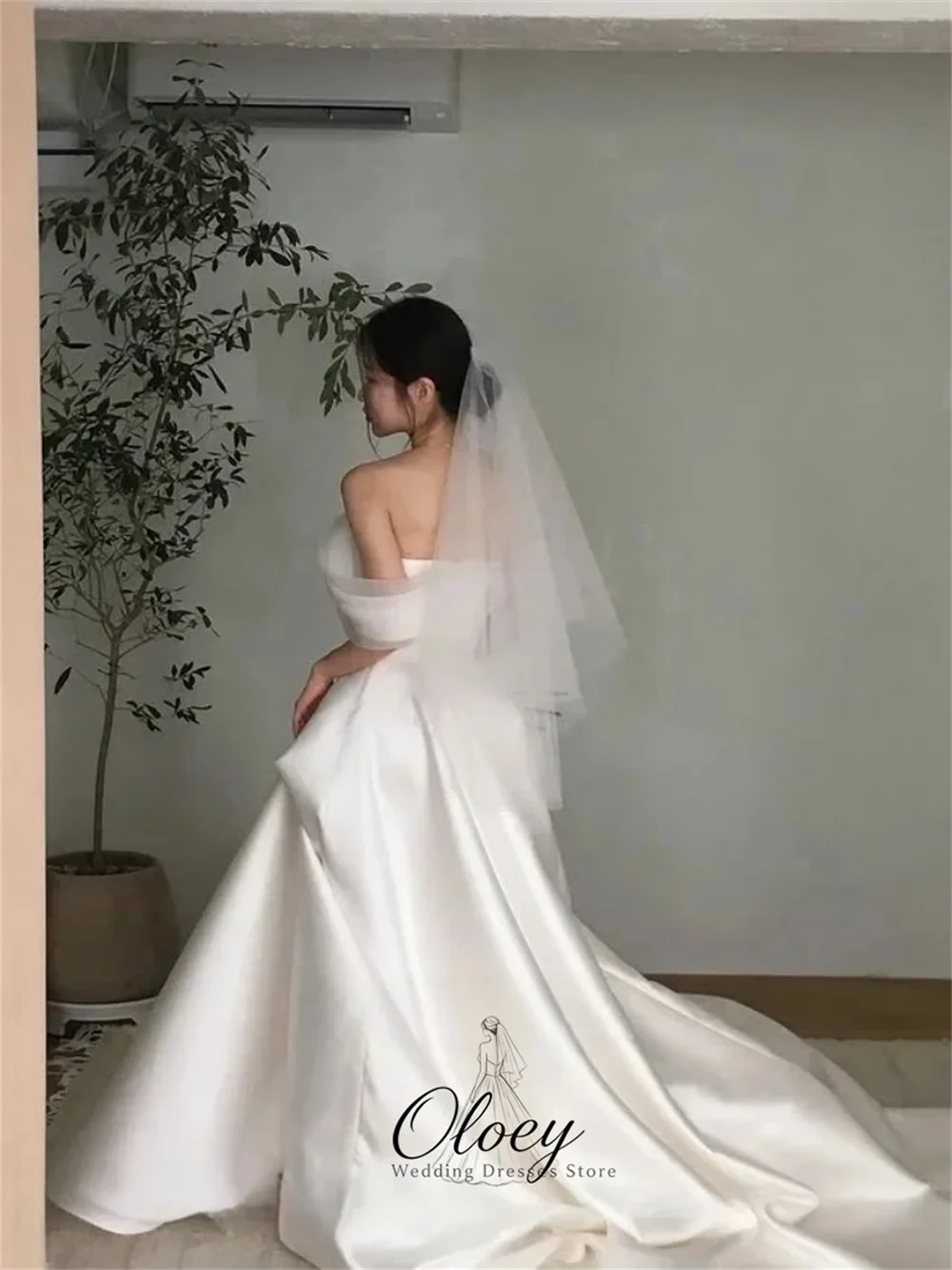 OLOEY Elegant One Shoulder Satin Korea Wedding Dress Photo Shoot Sweetheart Collar A-Line Bridal Gown Customized Lawn Wedding