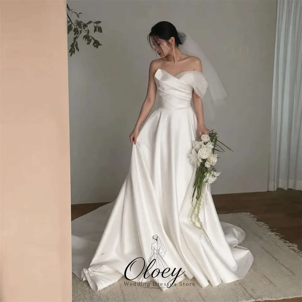 OLOEY Elegant One Shoulder Satin Korea Wedding Dress Photo Shoot Sweetheart Collar A-Line Bridal Gown Customized Lawn Wedding