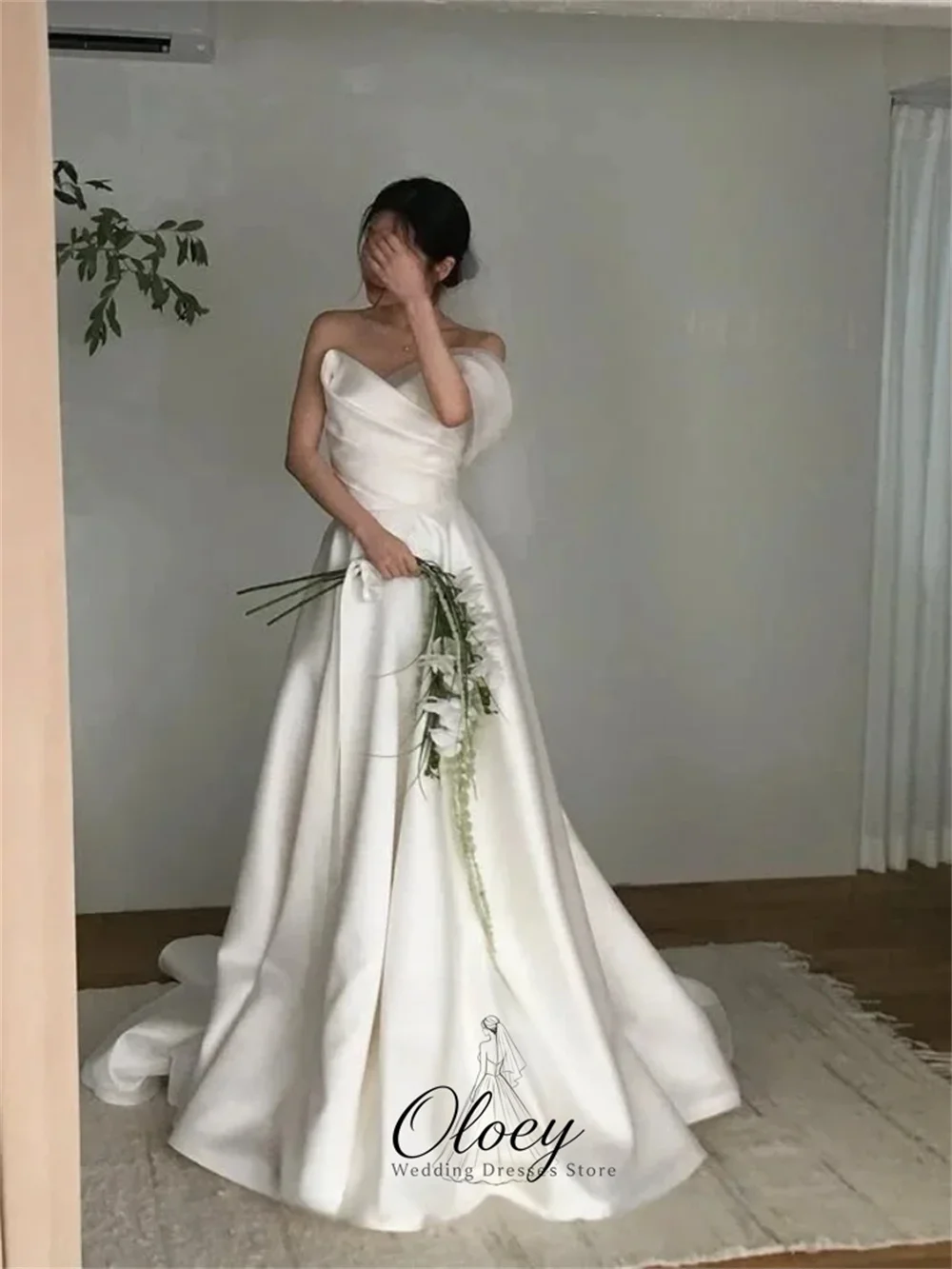 OLOEY Elegant One Shoulder Satin Korea Wedding Dress Photo Shoot Sweetheart Collar A-Line Bridal Gown Customized Lawn Wedding