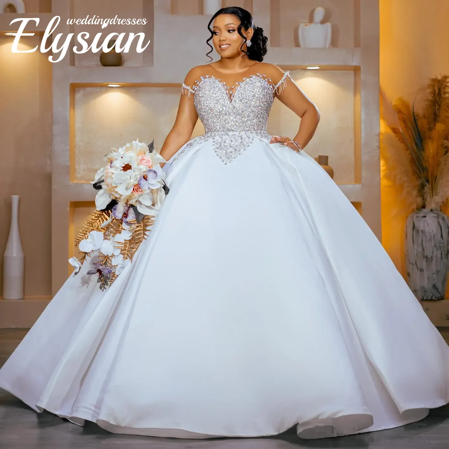 Customized Wedding Dresses For Bride Detachable Train Mermaid Ball Gown Sheer Neck Short Sleeves Beaded Bridal Gowns