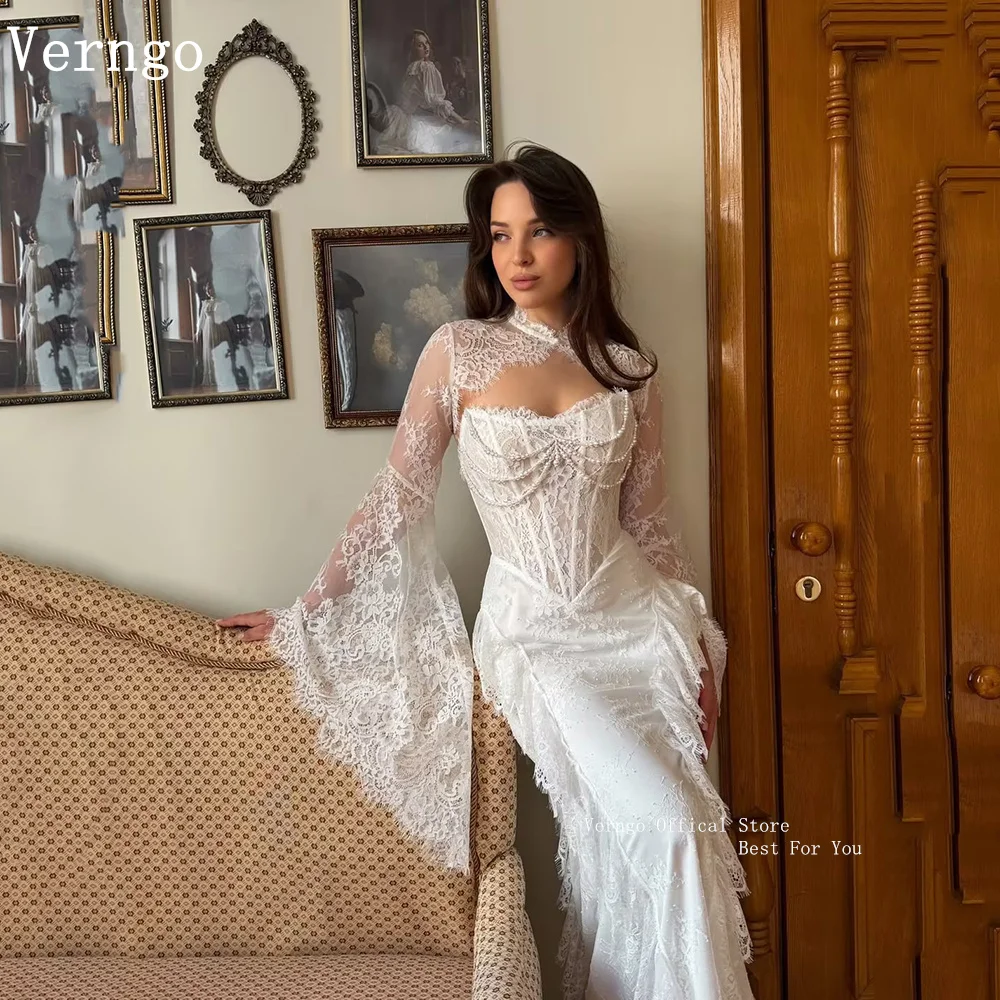 Verngo Luxury Lace Wedding Dress Full Sleeves Mermaid Bride Dress Elegant Pleated Bridal Gowns 2026 Customized