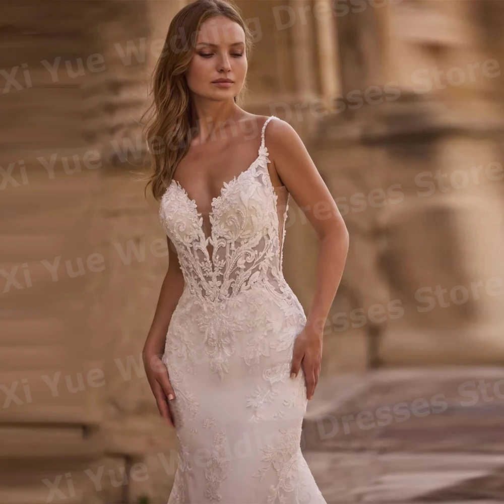 Gorgeous Mermaid Women's Lace Appliques Wedding Dresses Vestido De Novia Spaghetti Straps Bride Gowns Customized Robe De Mariée