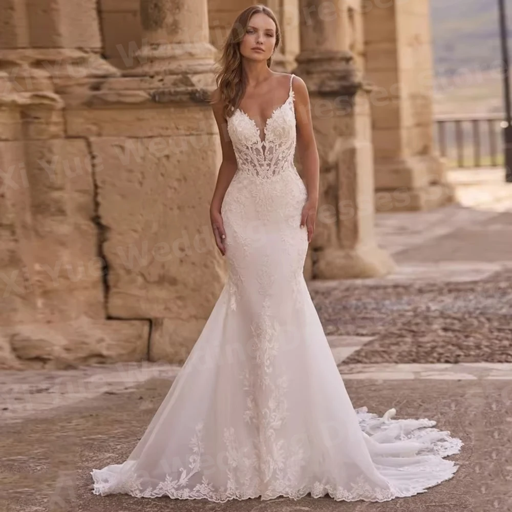 Gorgeous Mermaid Women's Lace Appliques Wedding Dresses Vestido De Novia Spaghetti Straps Bride Gowns Customized Robe De Mariée