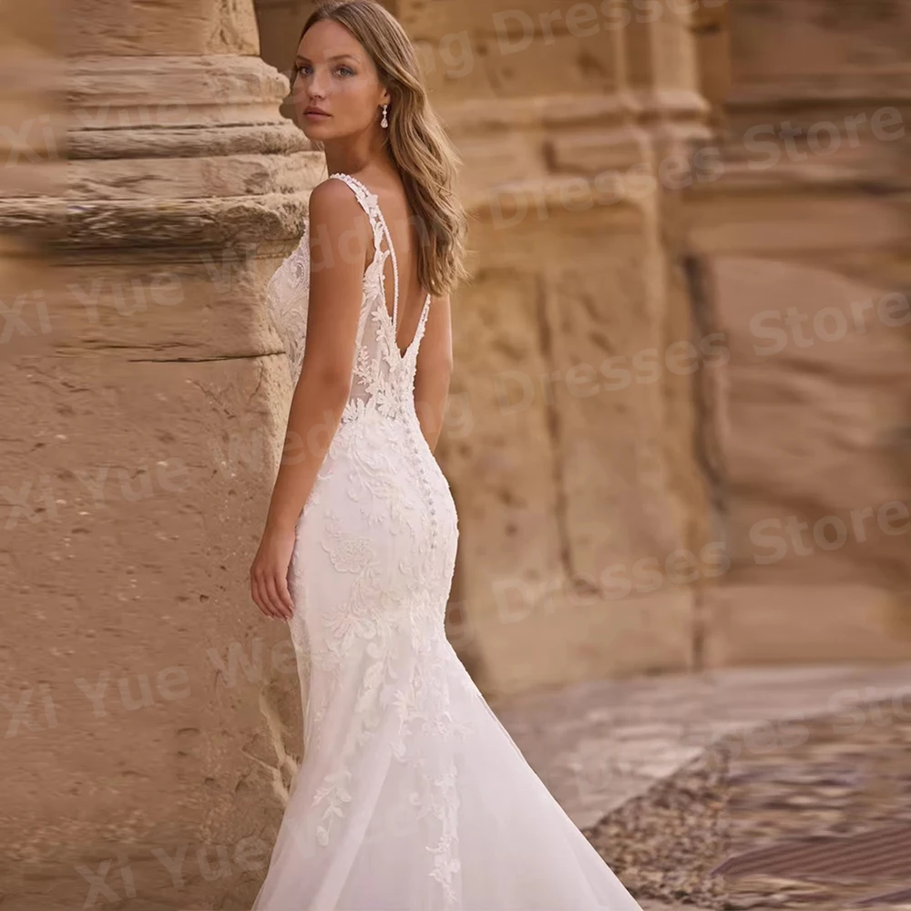Gorgeous Mermaid Women's Lace Appliques Wedding Dresses Vestido De Novia Spaghetti Straps Bride Gowns Customized Robe De Mariée
