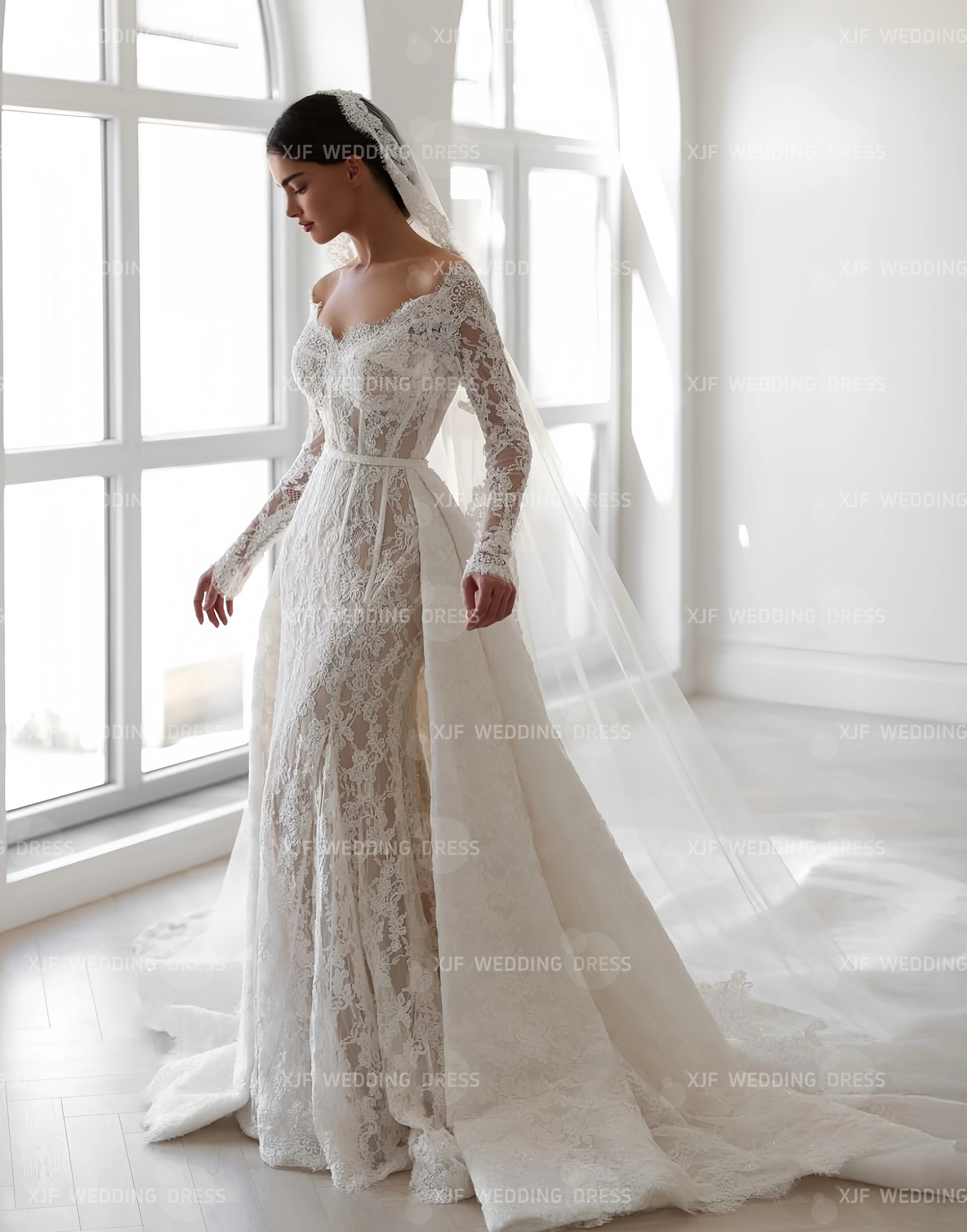 Customized Sweet Collar Long Sleeve Mermaid Detachable Tail Lace Wedding Dress Vestidos De Novia Amanda Novias Amanda Novias Off