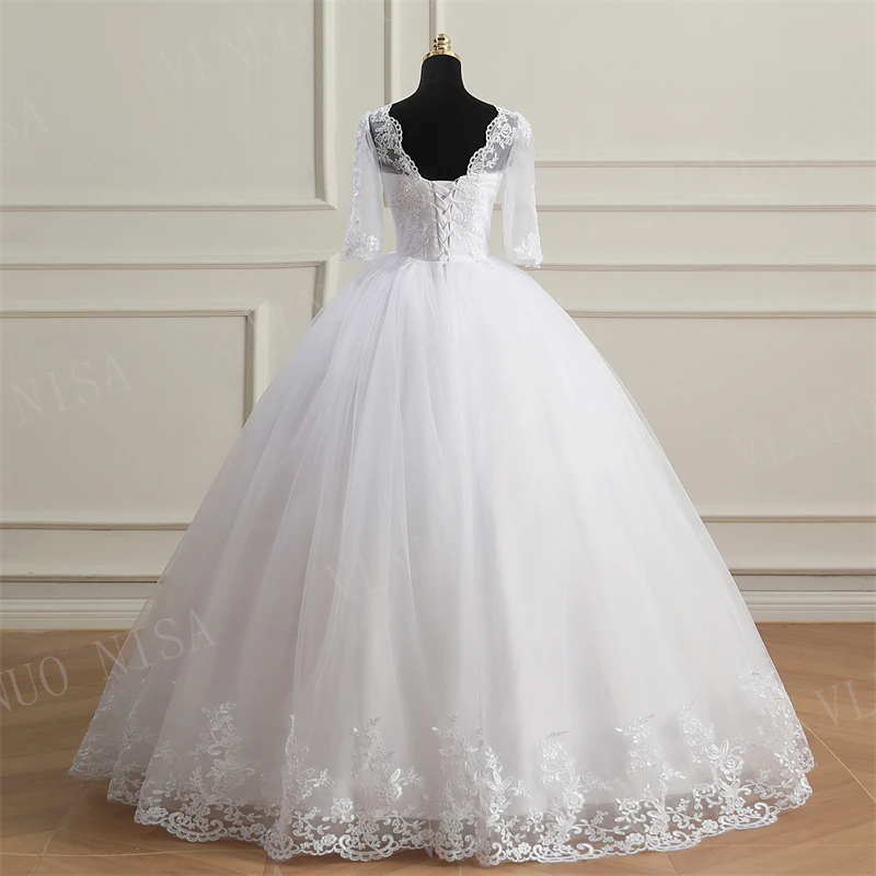Fashion Classic Luxury Lace V Neck Ball Gown White Wedding Dresses Half Sleeve Princess Illusion Appliques Bridal Gown Casamento