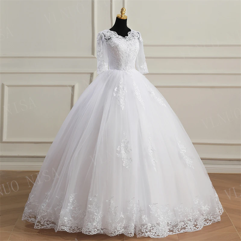 Fashion Classic Luxury Lace V Neck Ball Gown White Wedding Dresses Half Sleeve Princess Illusion Appliques Bridal Gown Casamento
