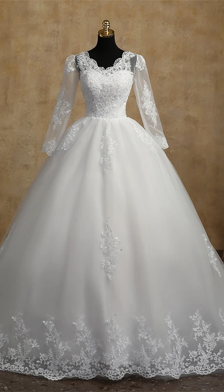 Fashion Classic Luxury Lace V Neck Ball Gown White Wedding Dresses Half Sleeve Princess Illusion Appliques Bridal Gown Casamento