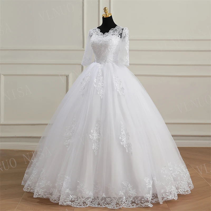 Fashion Classic Luxury Lace V Neck Ball Gown White Wedding Dresses Half Sleeve Princess Illusion Appliques Bridal Gown Casamento