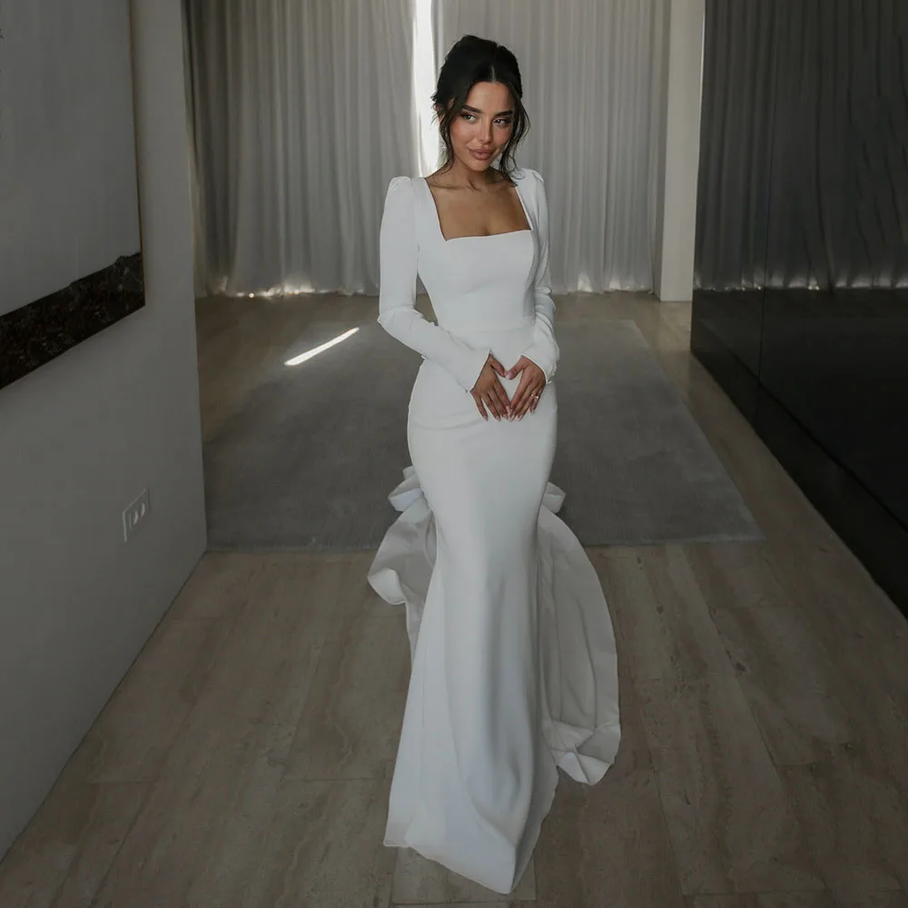 Customized Elegant Wedding Dresses 2026 Mermaid Long Sleeve Bridal Gown Square Neck Button Court Train Classic Bride Dress