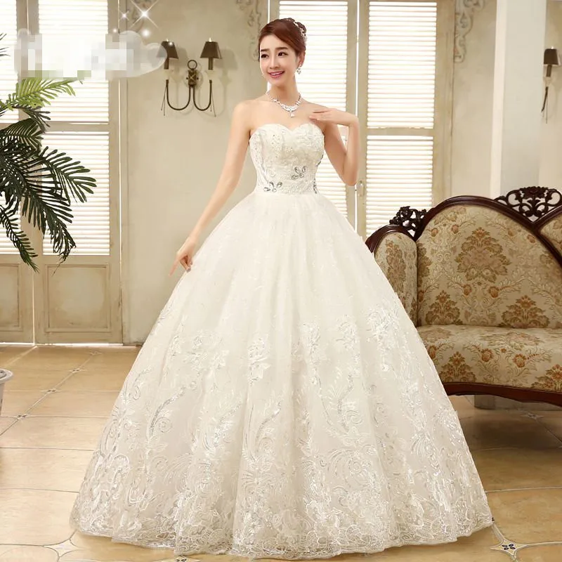 customized Cheap White Princess Wedding Dress Princess Vestidos De Novia Sequins Strapless Lace Plus size Bride Ball Gown XXN085