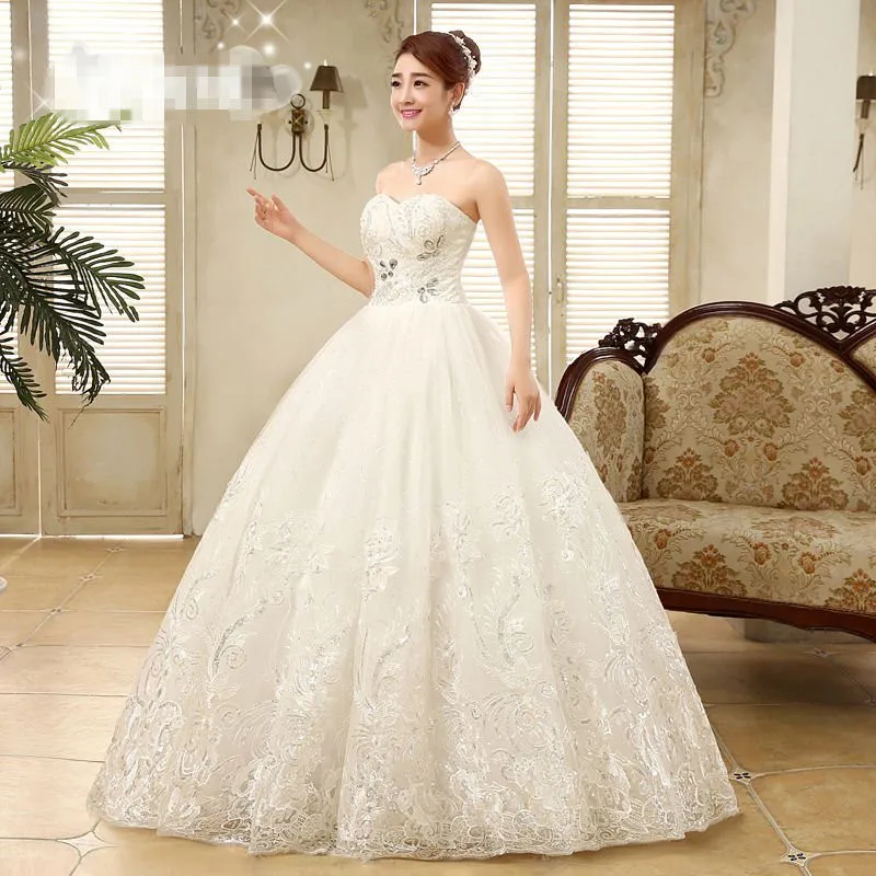 customized Cheap White Princess Wedding Dress Princess Vestidos De Novia Sequins Strapless Lace Plus size Bride Ball Gown XXN085
