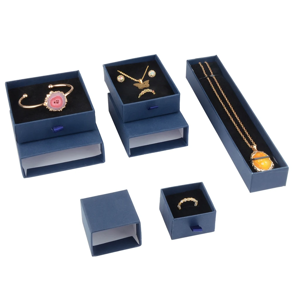 Chanfar 10pcs/Lot Cardboard Sliding Drawer Ring Necklace Jewelry Gift Packaging Box With Ribbon Rope Black Kraft Cotton Filled
