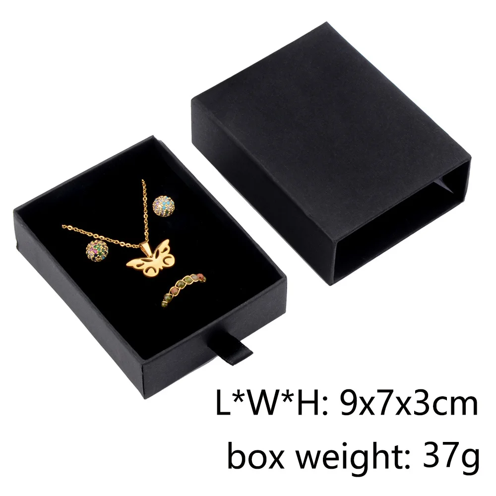 Chanfar 10pcs/Lot Cardboard Sliding Drawer Ring Necklace Jewelry Gift Packaging Box With Ribbon Rope Black Kraft Cotton Filled