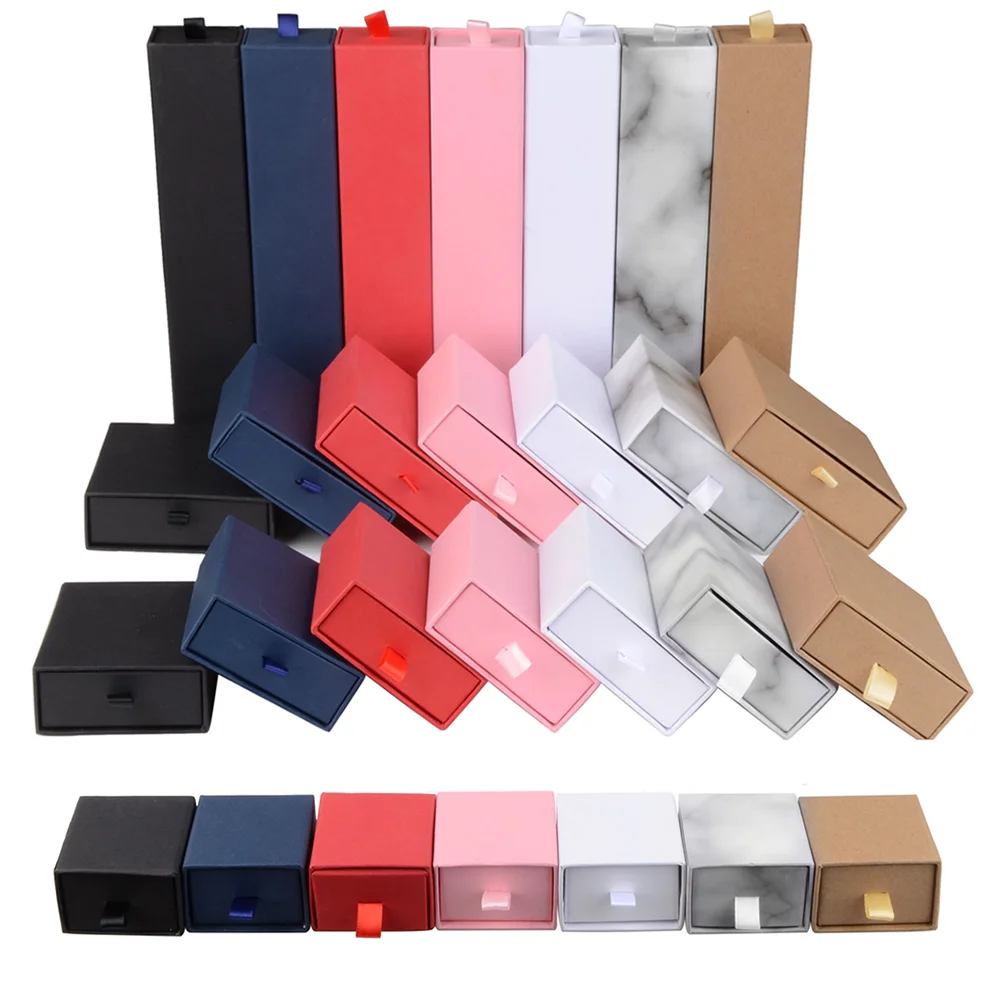 Chanfar 10pcs/Lot Cardboard Sliding Drawer Ring Necklace Jewelry Gift Packaging Box With Ribbon Rope Black Kraft Cotton Filled