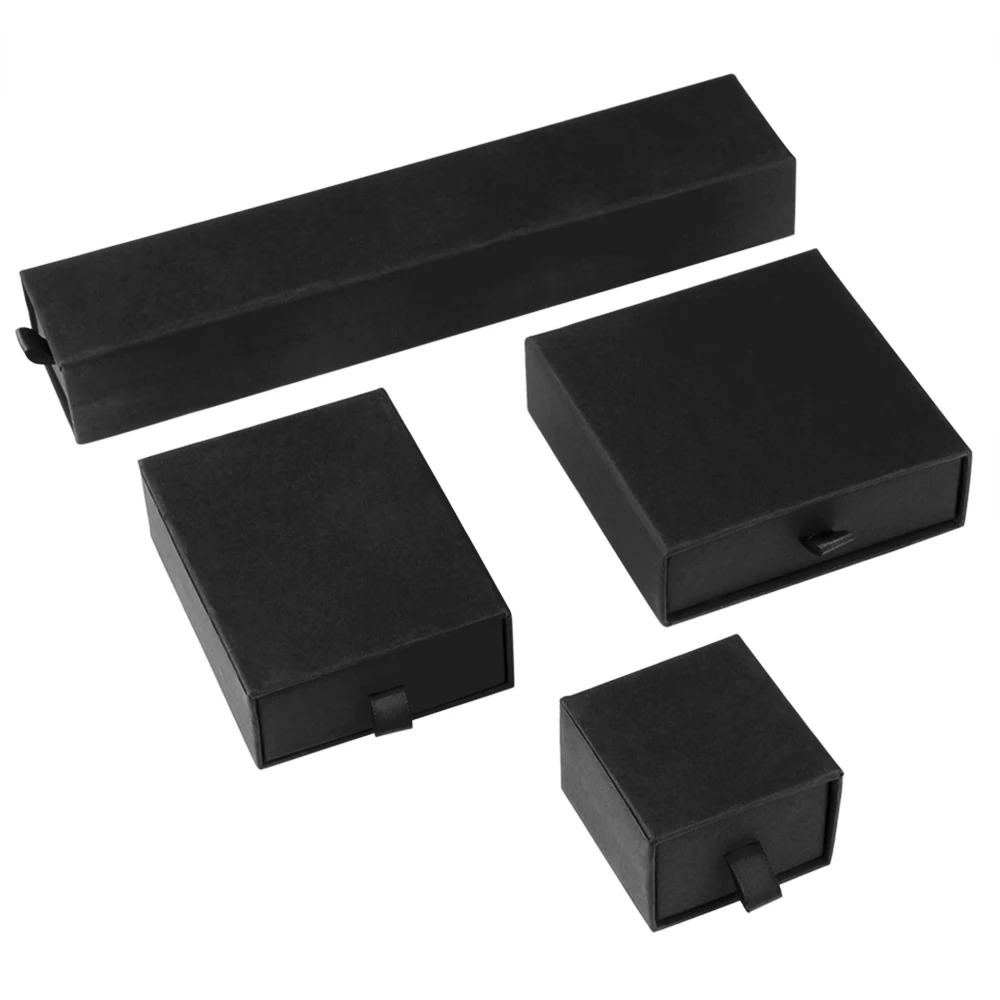 Chanfar 10pcs/Lot Cardboard Sliding Drawer Ring Necklace Jewelry Gift Packaging Box With Ribbon Rope Black Kraft Cotton Filled