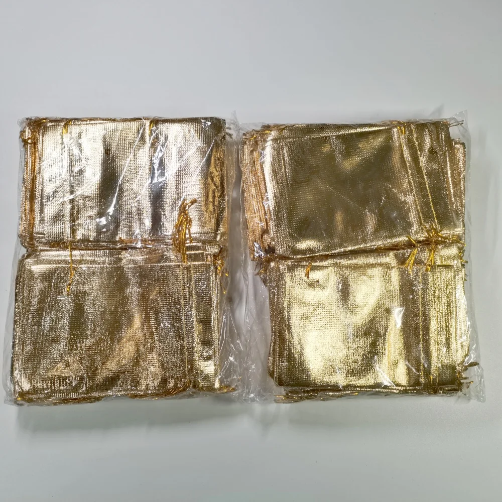 100pcs/lot 5x7 7x9 9x12 10x15cm Golden/Silver Color Drawstring Organza Bag Christmas Wedding Gift Pouches Jewelry Packaging Bags