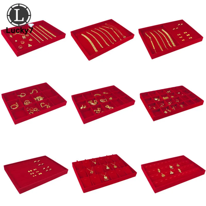 Red Velvet Jewelry Display Tray Jewellery Storage Box Necklace Earrings Pendant Stud Organizer Other Accessories Show Case