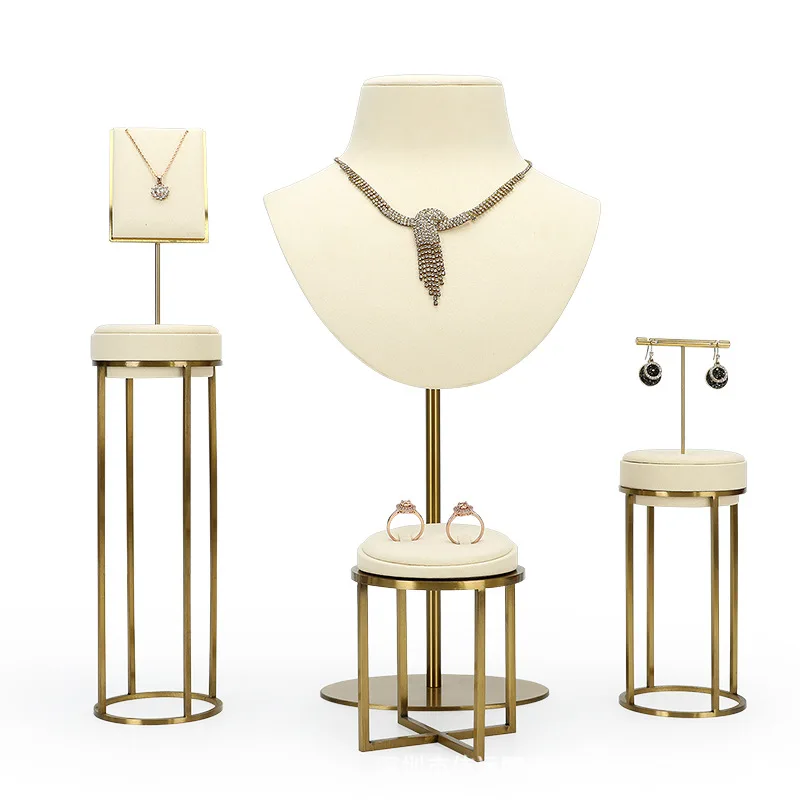 luxurious beige jewelry display organizer set jewelry store window showcase prop Metal Rack ring earring holder necklace modle