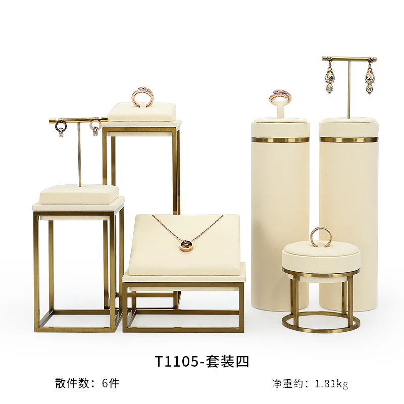 luxurious beige jewelry display organizer set jewelry store window showcase prop Metal Rack ring earring holder necklace modle