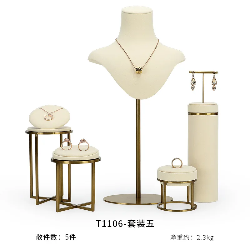 luxurious beige jewelry display organizer set jewelry store window showcase prop Metal Rack ring earring holder necklace modle