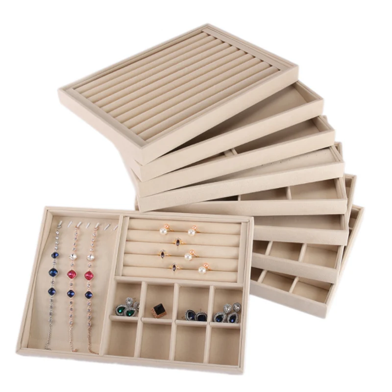 Beige Jewellery Organizer Storage Box Watch Holder Necklaces Rings Earrings Pendants For Women Stand Series Velvet Jewelry Tray