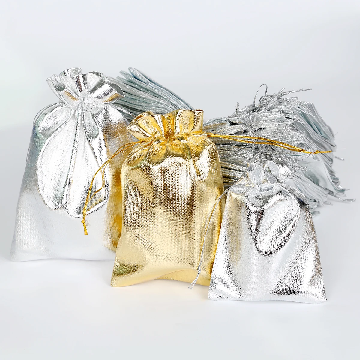 10pcs Gold/Silver Organza Jewelry Pouches 7x9/9x12/10x15/13x18cm Drawstring Wedding Gift Bags Jewelry Packaging