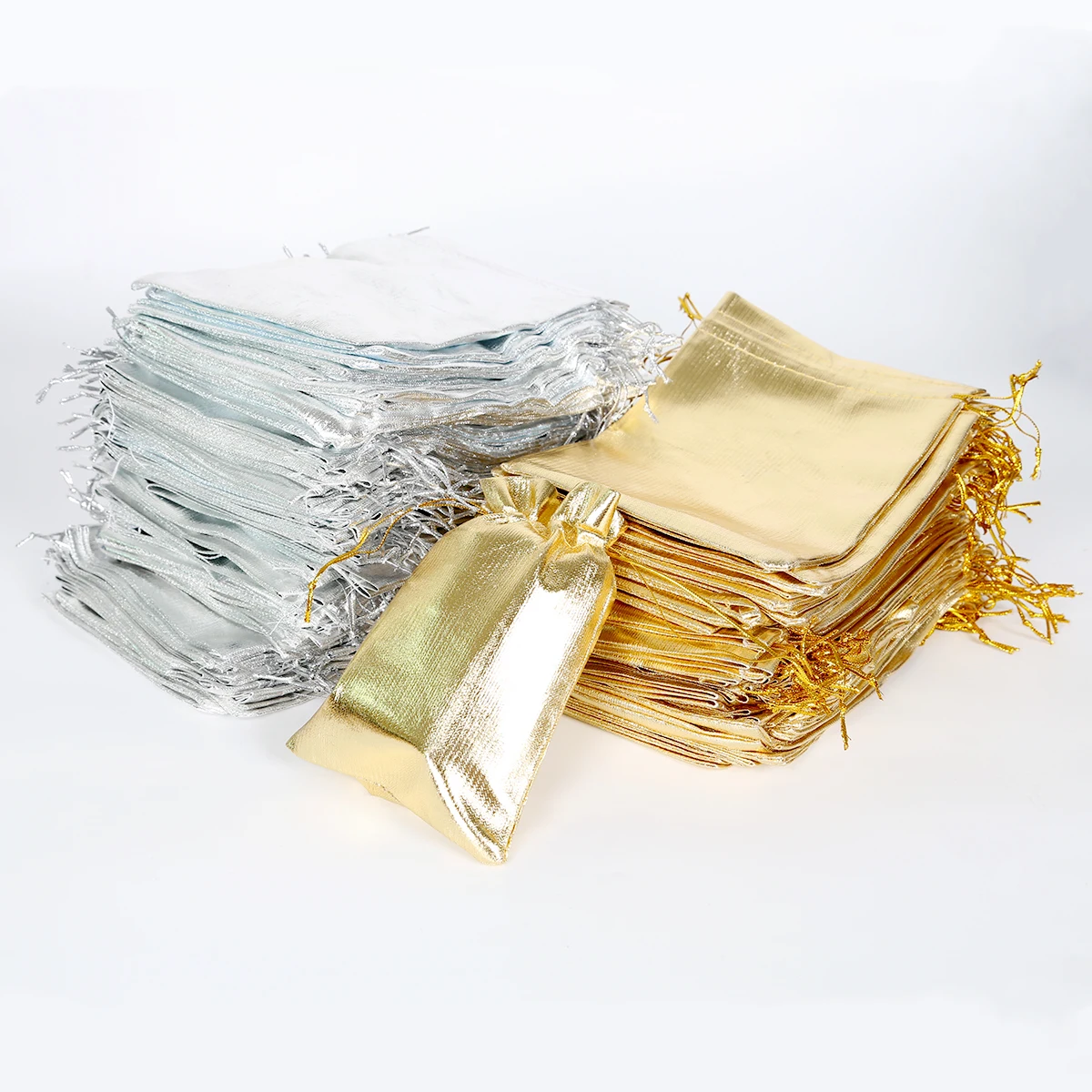 10pcs Gold/Silver Organza Jewelry Pouches 7x9/9x12/10x15/13x18cm Drawstring Wedding Gift Bags Jewelry Packaging