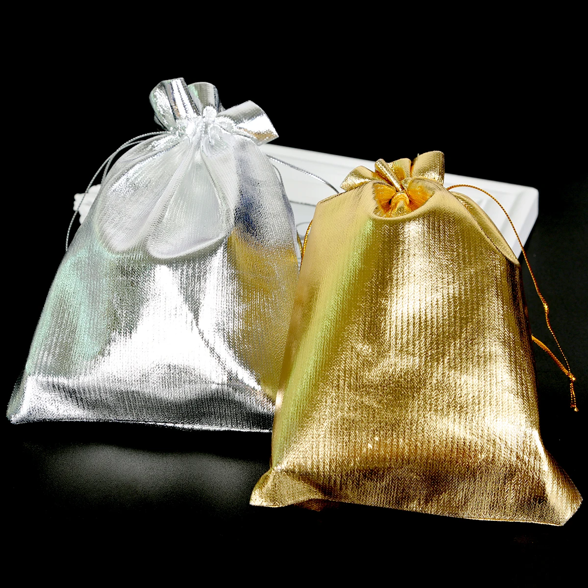 10pcs Gold/Silver Organza Jewelry Pouches 7x9/9x12/10x15/13x18cm Drawstring Wedding Gift Bags Jewelry Packaging