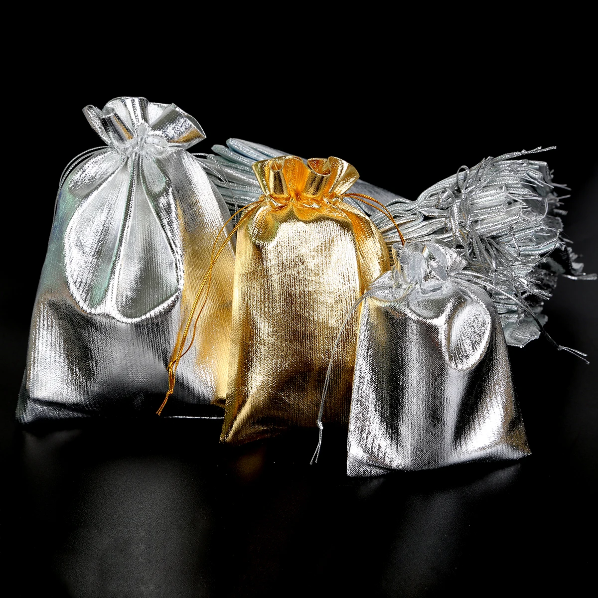 10pcs Gold/Silver Organza Jewelry Pouches 7x9/9x12/10x15/13x18cm Drawstring Wedding Gift Bags Jewelry Packaging