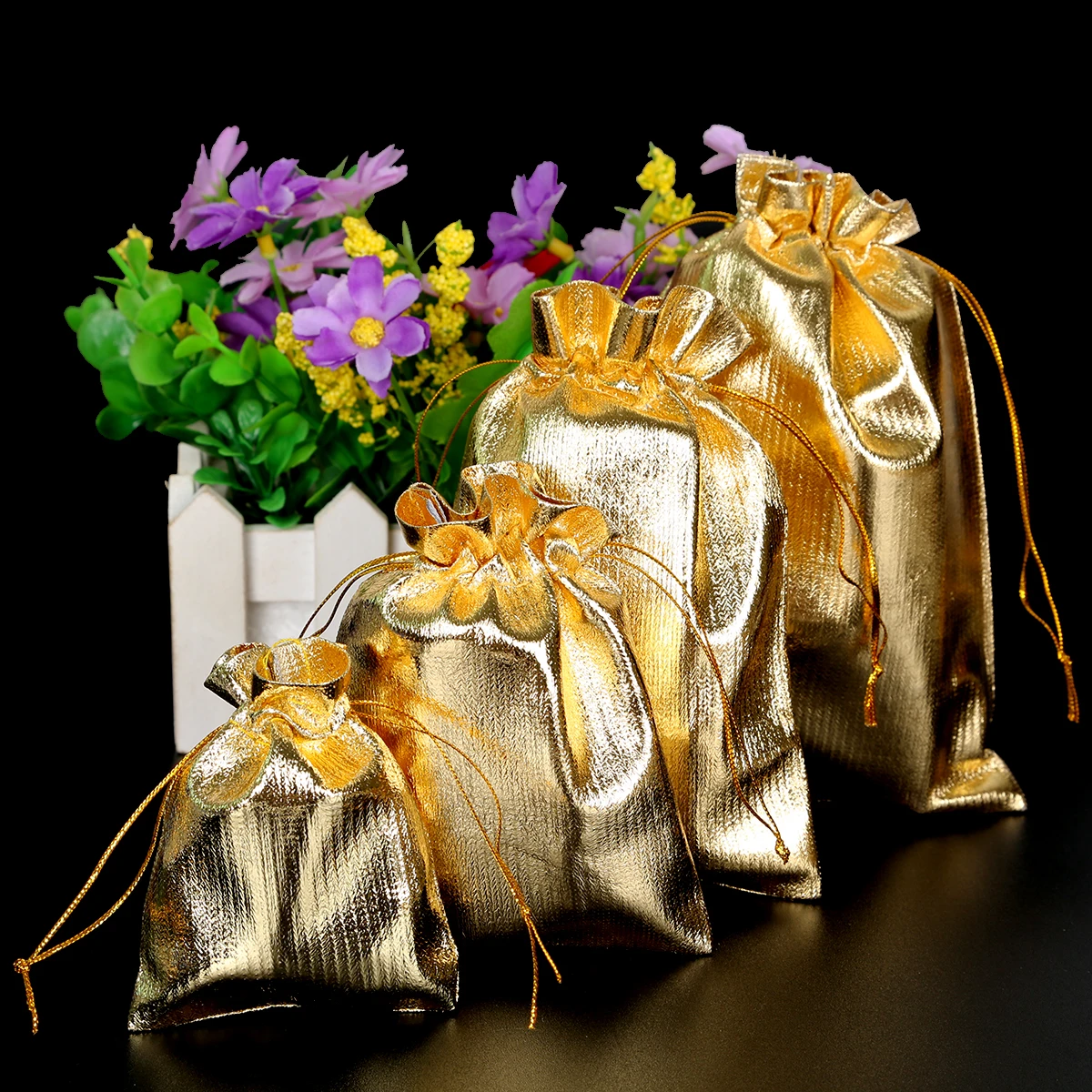 10pcs Gold/Silver Organza Jewelry Pouches 7x9/9x12/10x15/13x18cm Drawstring Wedding Gift Bags Jewelry Packaging