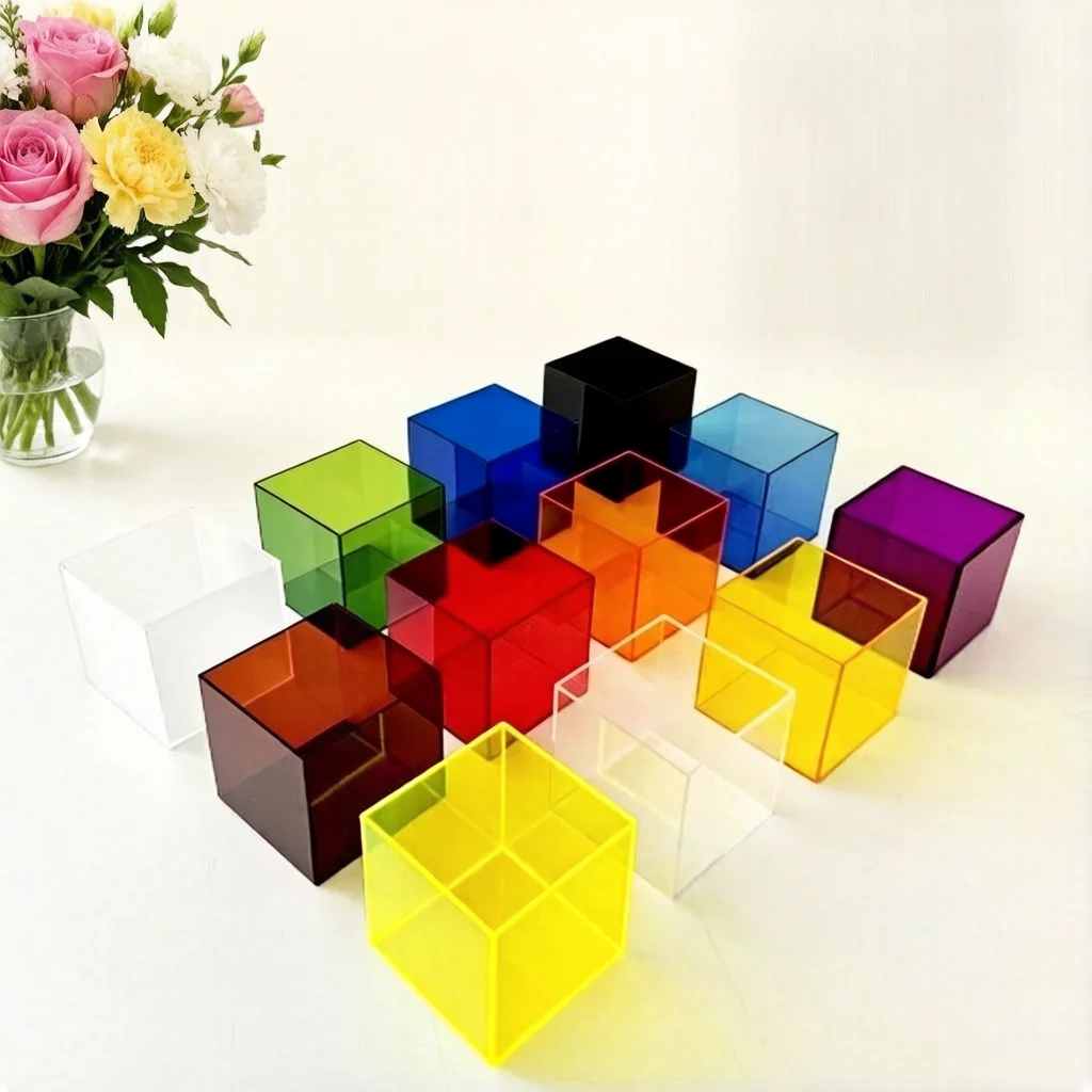 Colorful 8x8cm Acrylic Box Jewelry Display Stand Organizer , Jewelry Cosmetics Perfume Riser Case, Doll Toy Showcase Rack