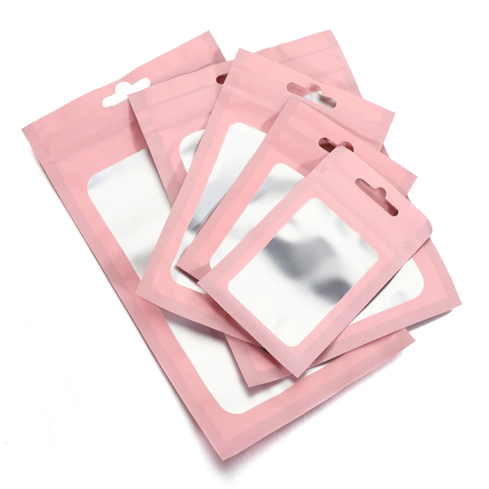 50pcs Colorful Self Seal Zipper Plastic Bags Mylar Bagwith Clear Window for DIY Jewelry Display Reusable Ziplock Hanging Pouches