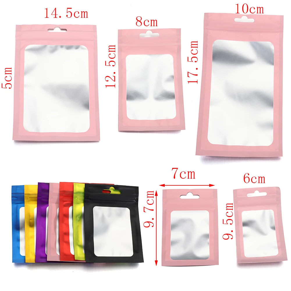 50pcs Colorful Self Seal Zipper Plastic Bags Mylar Bagwith Clear Window for DIY Jewelry Display Reusable Ziplock Hanging Pouches